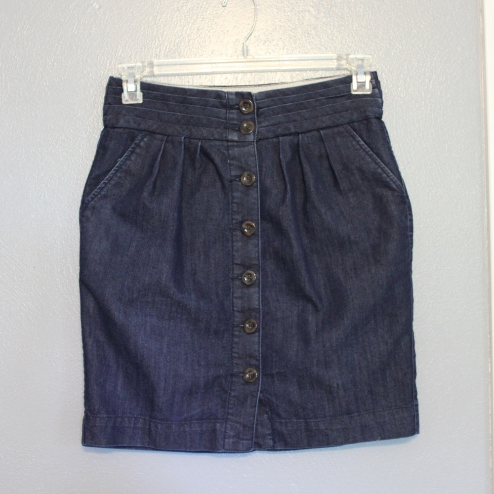 Pilcro and the Letterpress Button Front Pleated Dark Denim Jean Skirt 6